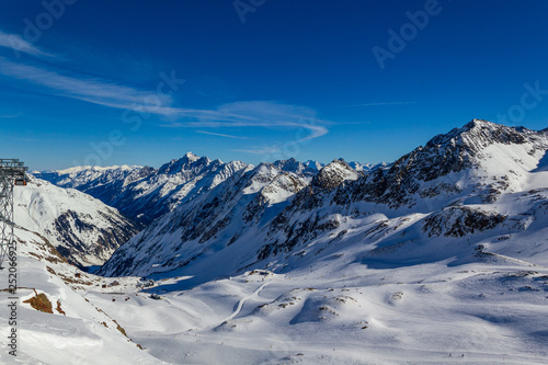 Slopes to the middle lift station in the Kingdom of snow Stubaier Gletscher ski resort in the Stubai valley, Tirol, Austria