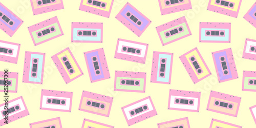 Tape cassette pattern seamless in pastel color. Cute colorful tape background for fabric print, wallpaper, textile, wrapping paper, party poster banner and card design.