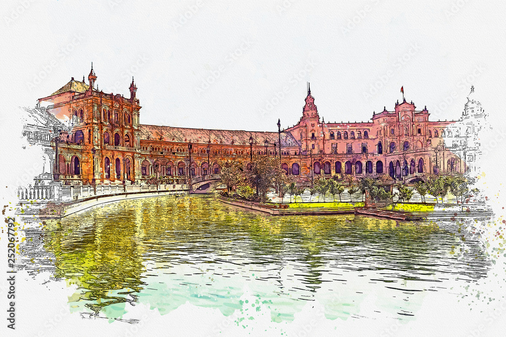 Watercolor sketch or illustration of a beautiful view of the Plaza de Espana -(Spain square) Seville, Spine