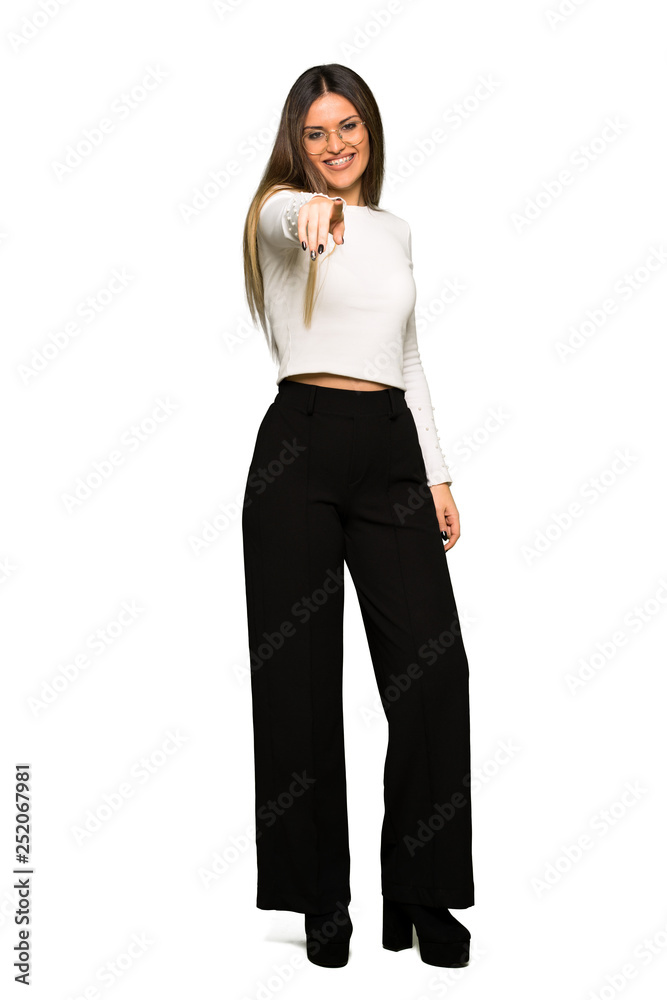 Full body of Pretty woman with glasses points finger at you with a confident expression Full body of Pretty woman with glasses points finger at you with a confident expression