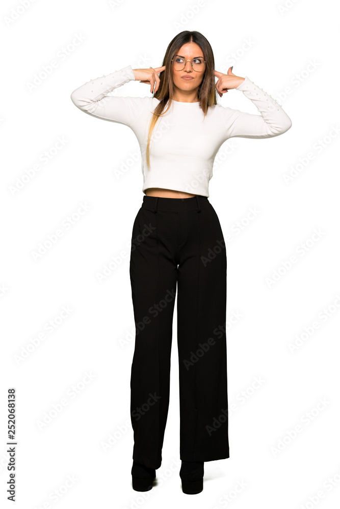 Full body of Pretty woman with glasses covering both ears with hands Full body of Pretty woman with glasses covering both ears with hands