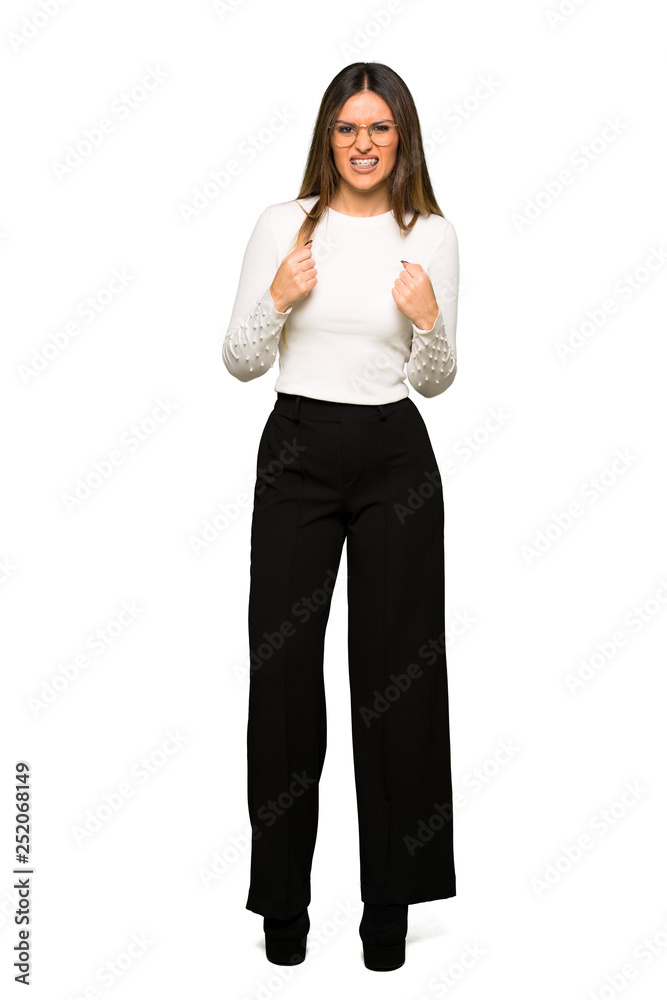 Full body of Pretty woman with glasses frustrated by a bad situation Full body of Pretty woman with glasses frustrated by a bad situation