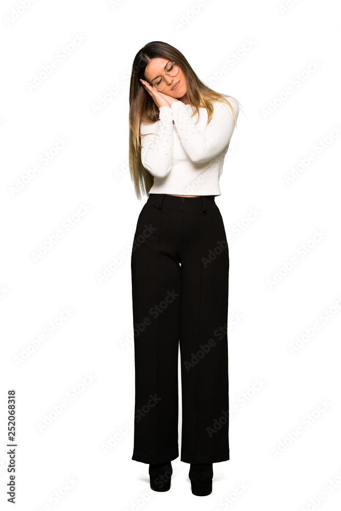 Full body of Pretty woman with glasses making sleep gesture in dorable expression Full body of Pretty woman with glasses making sleep gesture in dorable expression