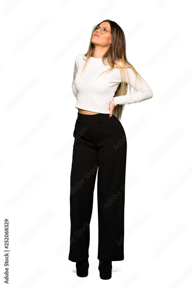 Full body of Pretty woman with glasses suffering from backache for having made an effort Full body of Pretty woman with glasses suffering from backache for having made an effort