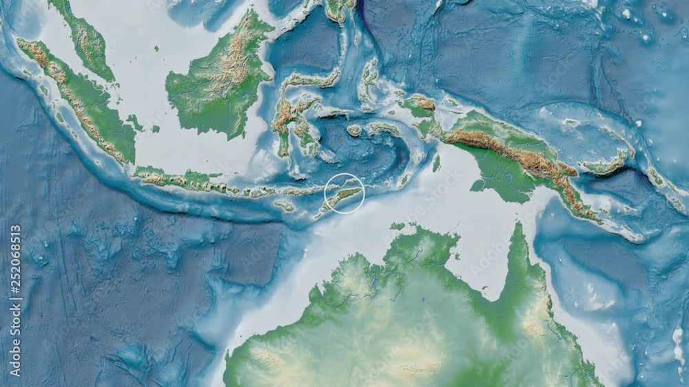 East Timor area presented against the global physical map in the Fahey projection with animated oblique transformation East Timor area presented against the global physical map in the Fahey projection with animated oblique transformation