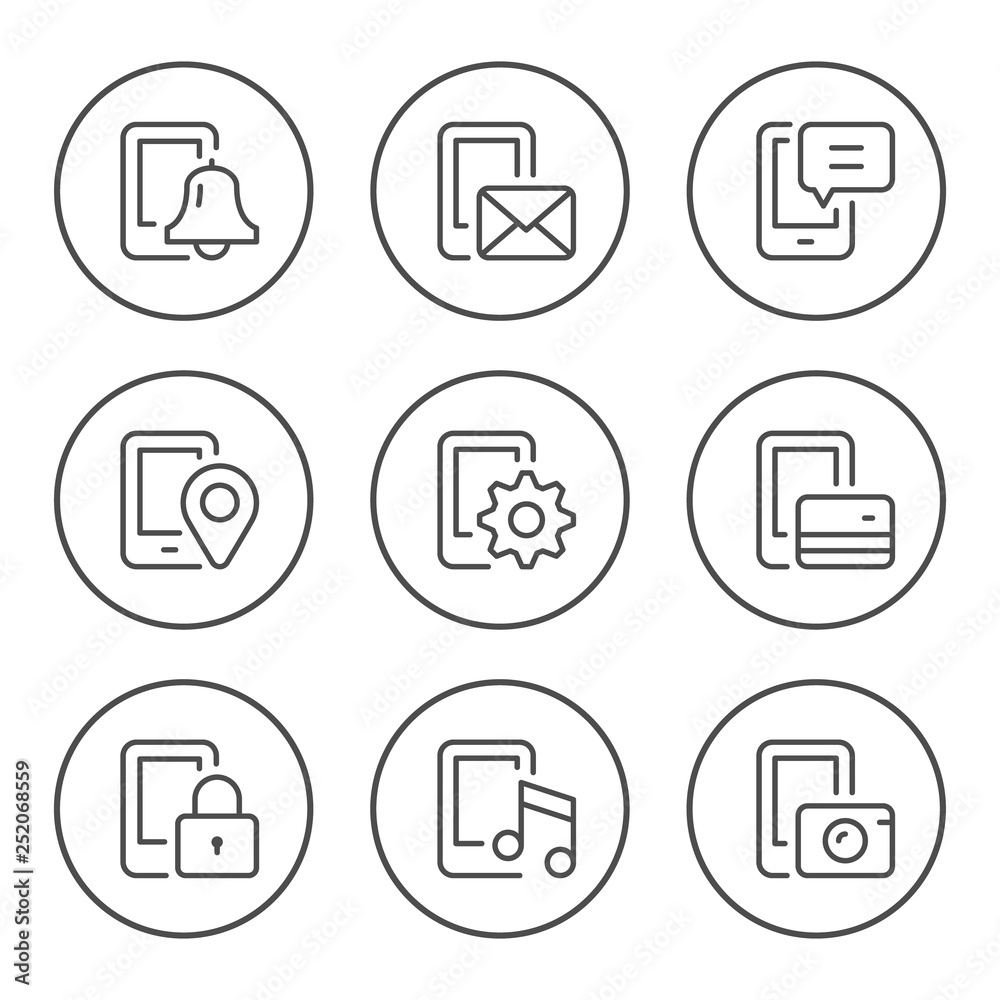 Set round line icons of mobile phone functions Set round line icons of mobile phone functions