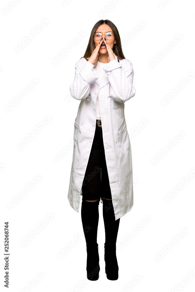 Full body of Young doctor woman shouting and announcing something Full body of Young doctor woman shouting and announcing something