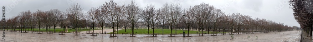 Panoramic view of a park during a rainy day