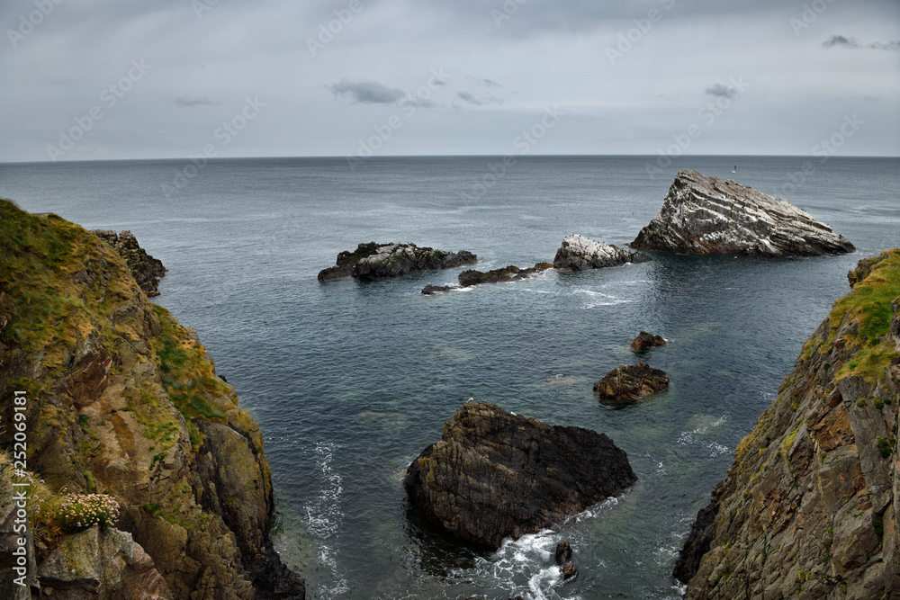 Sea rocks at coastal cliffs beside Bow Fiddle Rock with seagulls and Cormorants in Moray Firth North Sea at Portknockie Scotland UK Sea rocks at coastal cliffs beside Bow Fiddle Rock with seagulls and Cormorants in Moray Firth North Sea at Portknockie Scotland UK
