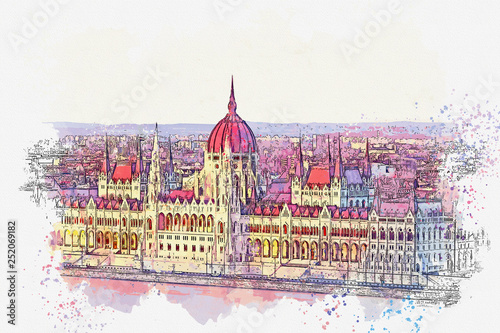 Photography Watercolor sketch or illustration of a beautiful view of the Hungarian Parliament building in Budapest in Hungary