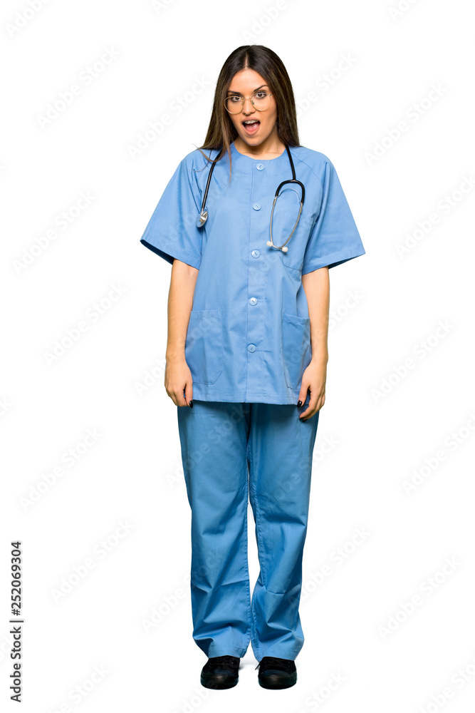 Full body of Young nurse with surprise and shocked facial expression Full body of Young nurse with surprise and shocked facial expression