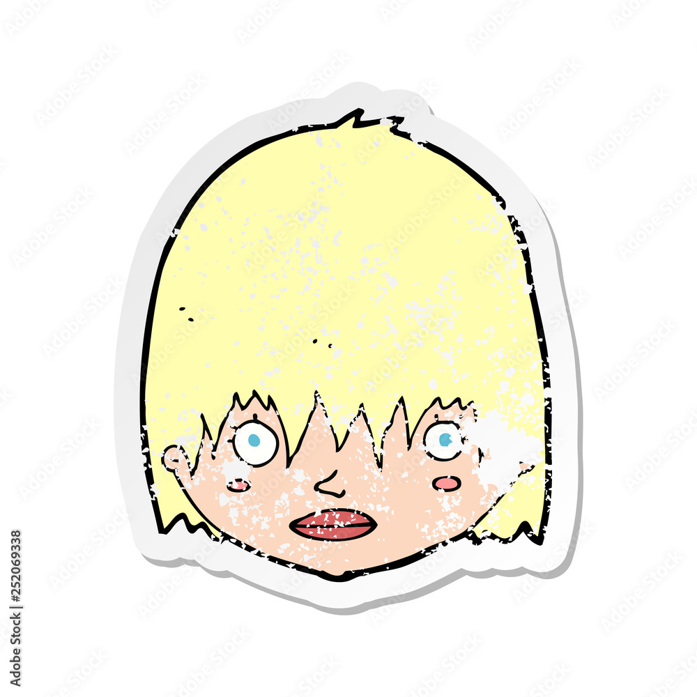 retro distressed sticker of a cartoon staring woman retro distressed sticker of a cartoon staring woman