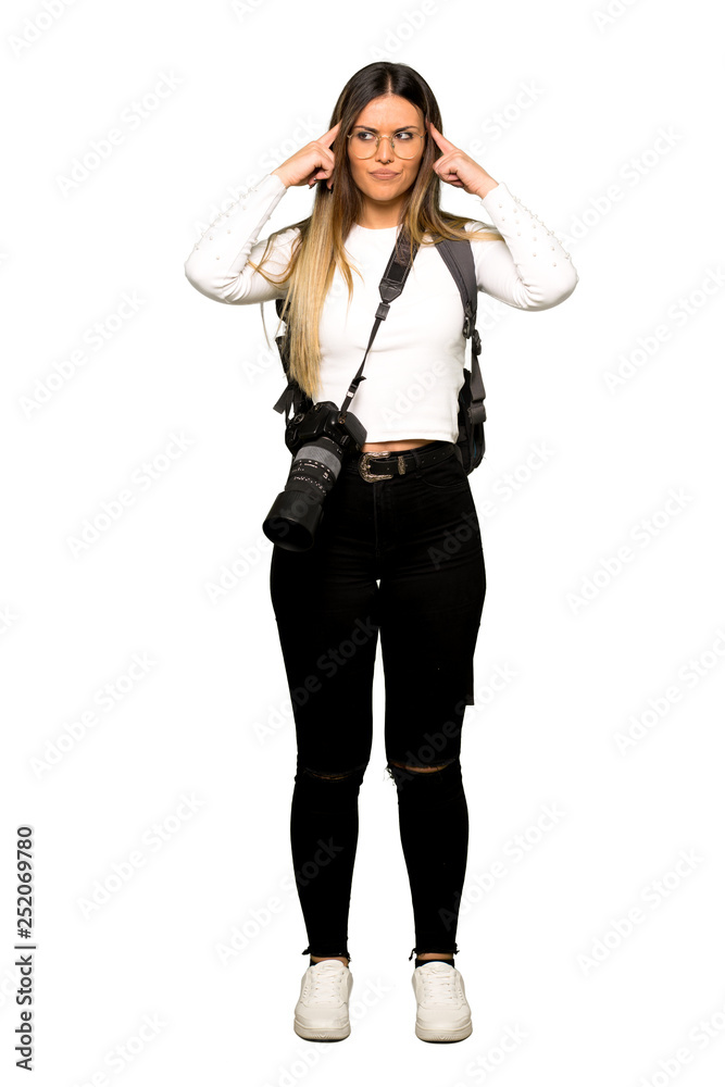 Full body of Young photographer woman having doubts and thinking Full body of Young photographer woman having doubts and thinking
