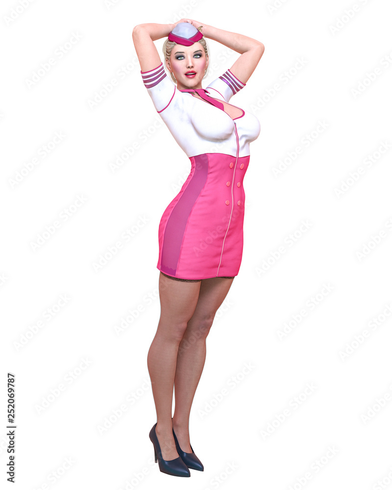 Fototapeta premium Beautiful woman Stewardess.Air hostess flight girl.Short white and pink dress, black stocking.Conceptual fashion art.Green eyes.Seductive candid pose.Realistic 3D render illustration.Isolate, high key