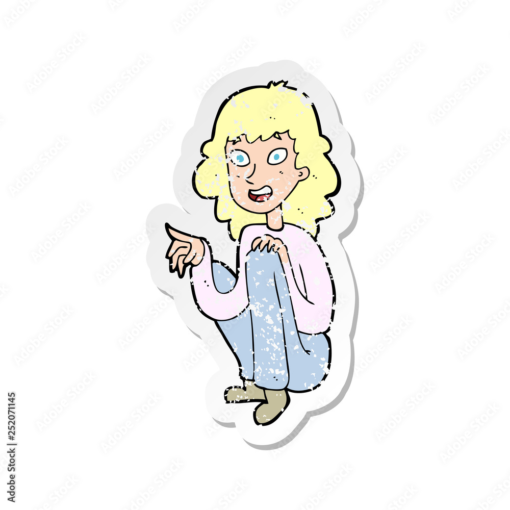 retro distressed sticker of a cartoon happy woman sitting and pointing retro distressed sticker of a cartoon happy woman sitting and pointing