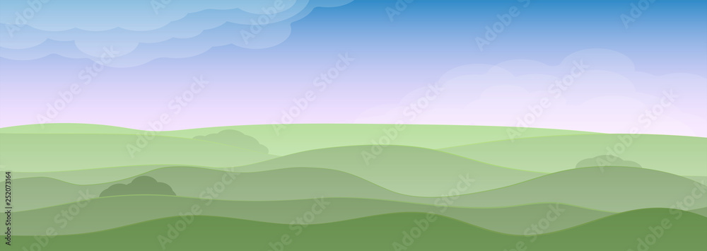 Spring vivid landscape with hills, grass and sky. Clouds, fog and shadows. Seasons of the year spring or summer.