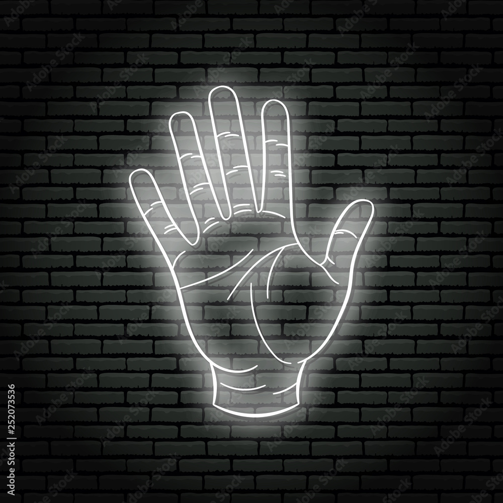 Neon sign with white glow. Hand gesture, open palm. On a brick wall