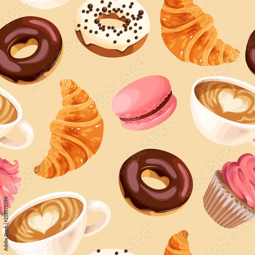 Vector seamless pattern with coffee and donuts