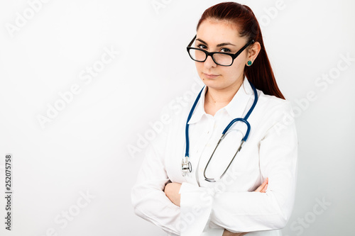 young female doctor with glasses and stethoscope