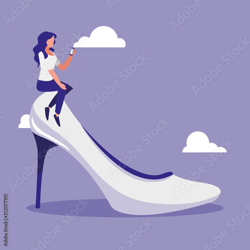 woman using smartphone with heel shoe