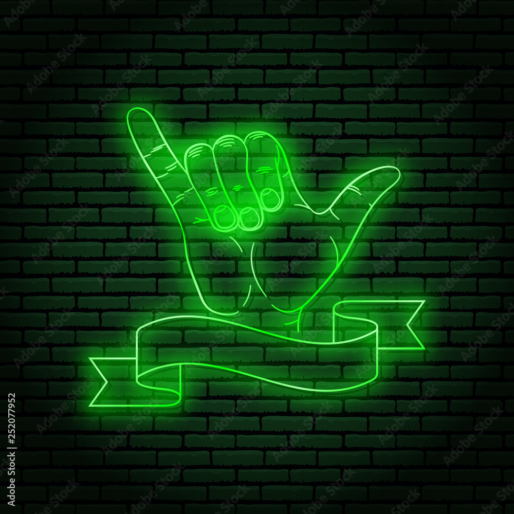Vecteur Stock Neon sign with a green glow. Hand gesture, shaka. little  finger and thumb. On a brick wall background, for your design. With ribbon,  flag for text. | Adobe Stock