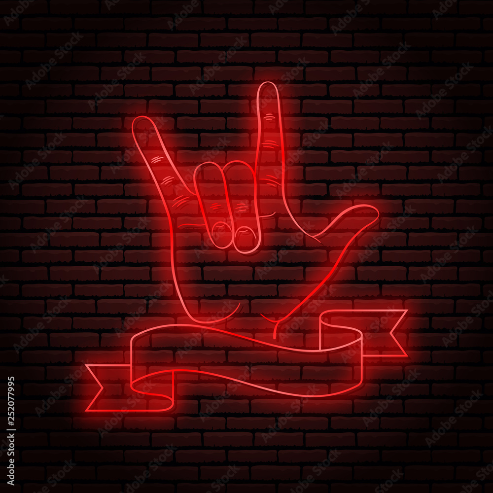 Neon sign with a red glow. Hand gesture, rock n roll. On a brick wall  background, for your design. With ribbon, flag for text. Stock Vector |  Adobe Stock