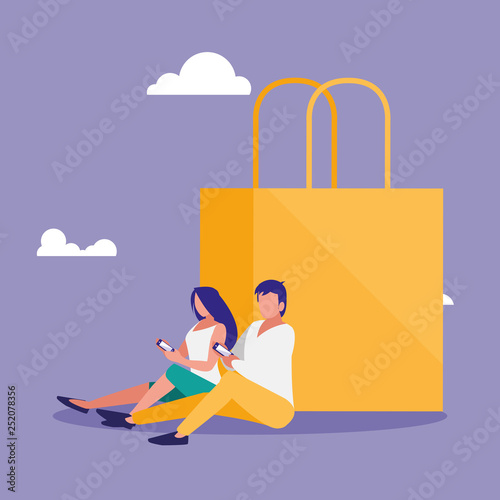 couple using smartphone with shopping bags
