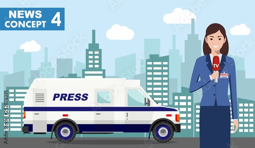 Journalistic concept. Detailed illustration of reporter and TV or news car in flat style on on background with cityscape. Vector illustration. © yustus