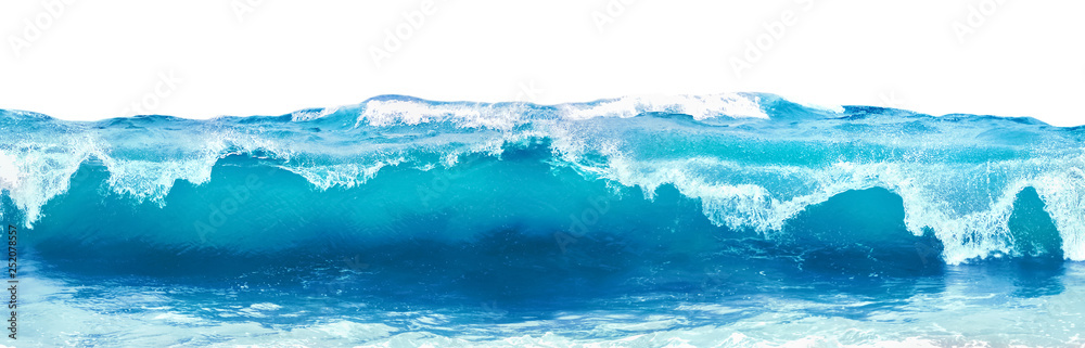 Blue sea wave with white foam isolated on white background.
