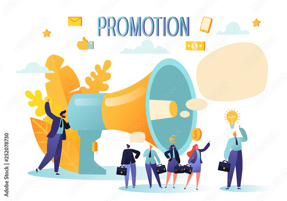 Concept of advertisement, marketing, promotion. Loudspeaker talking to the crowd. Promoter speaks in big megaphone and flat business people characters carefully listen to the announcement.