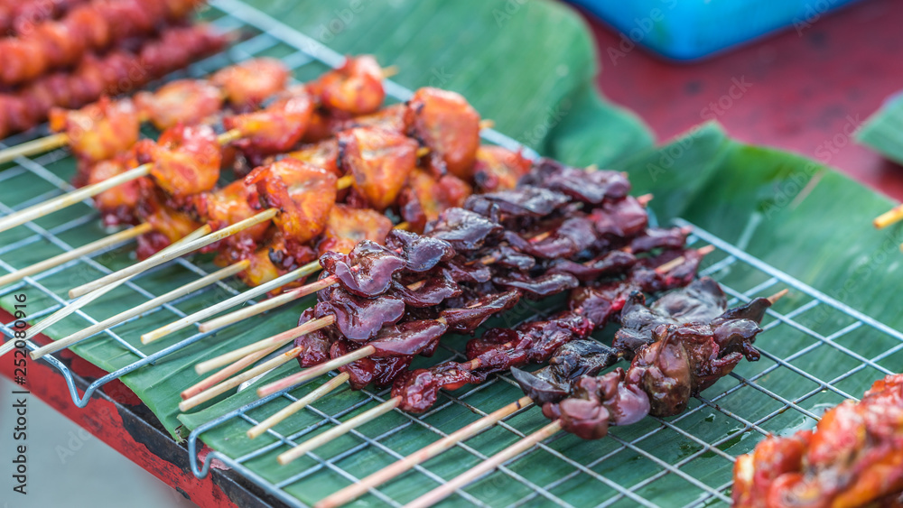 Thailand street food, prawns, sausages, hotdogs, chicken and meatballs