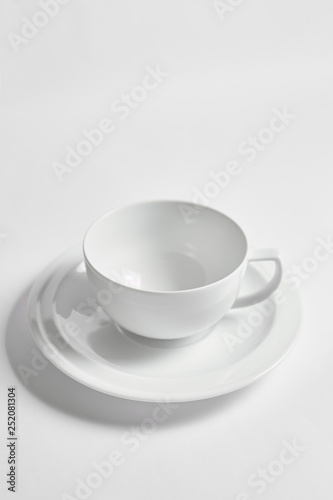 Set of clean dishes on white background top view copyspace