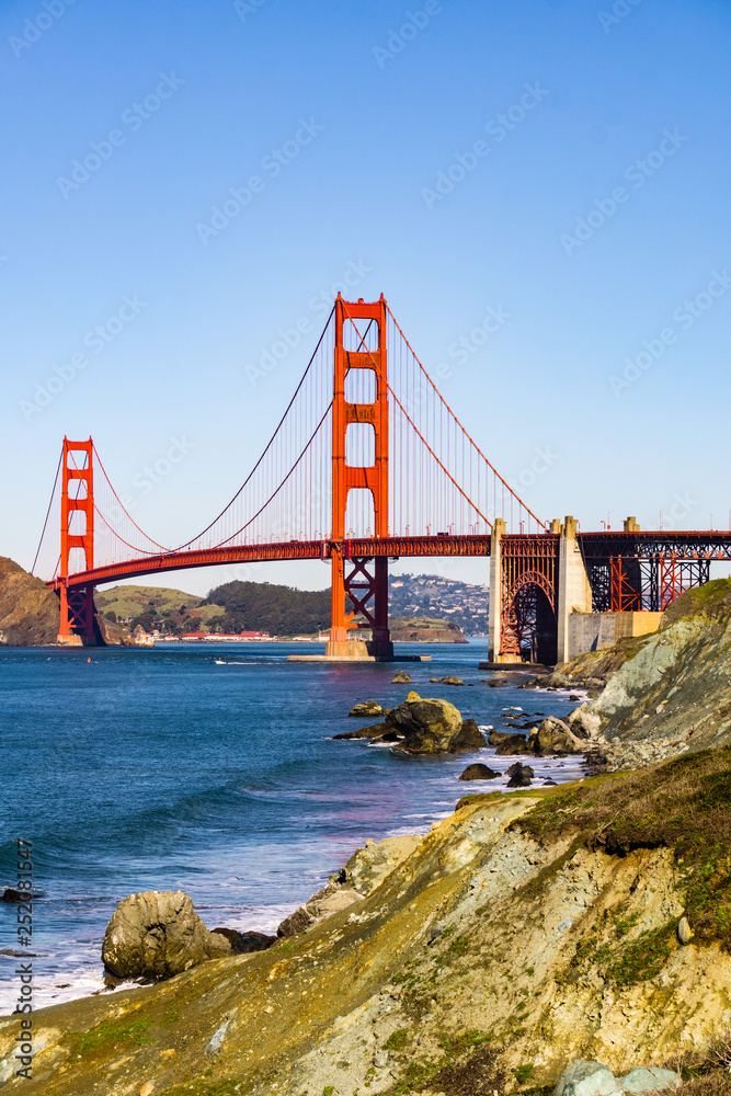 View towards Golden Gate bridge from the coastal trail, Presidio park, San Francisco, California