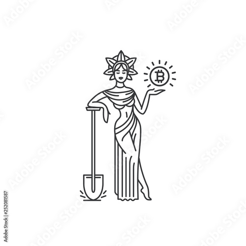 Vector illustration concept of goddess with mining shovel. Black on white background