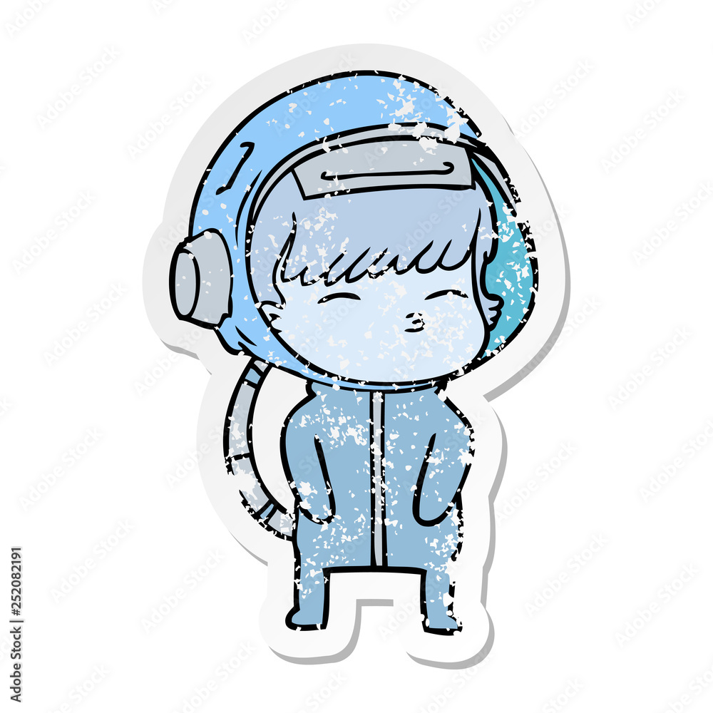distressed sticker of a cartoon curious astronaut distressed sticker of a cartoon curious astronaut