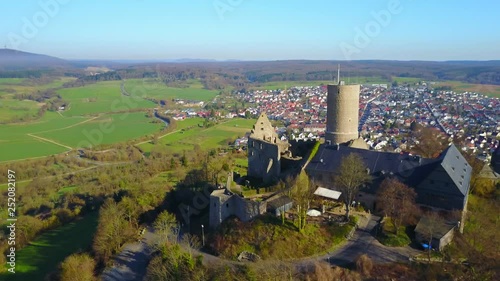 Sunny Aerial View Medieval Ruins Gleiberg Wettenberg Germany Camera Circling Around Fort Hill photo