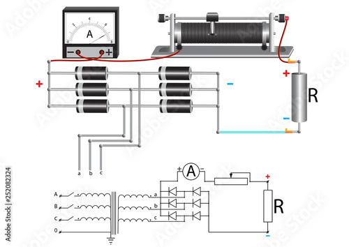 A power unit that uses a three-phase step-down voltage transformer, a diode bridge and a rheostat to change the current in the electrical circuit. photo