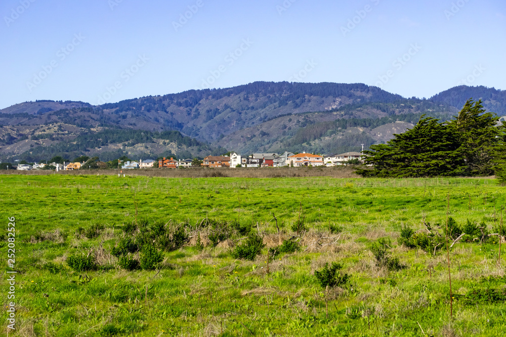 View towards the houses in Half Moon Bay on a clear day, California View towards the houses in Half Moon Bay on a clear day, California