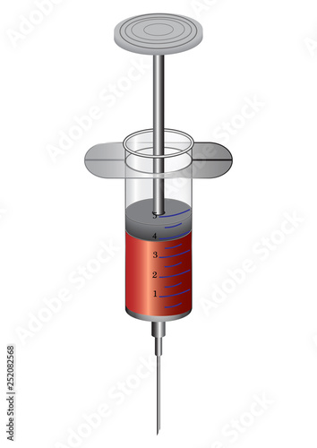 Illustration of a model of a medical syringe with a red liquid, dividing by a syringe, a thin metal needle - a tool of medical professionals.
