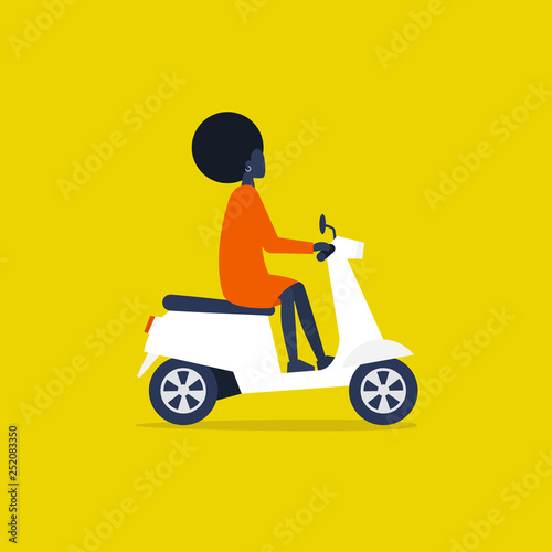 Young black female male character driving a motor scooter. Urban transportation. Vehicle. Flat editable vector illustration, clip art