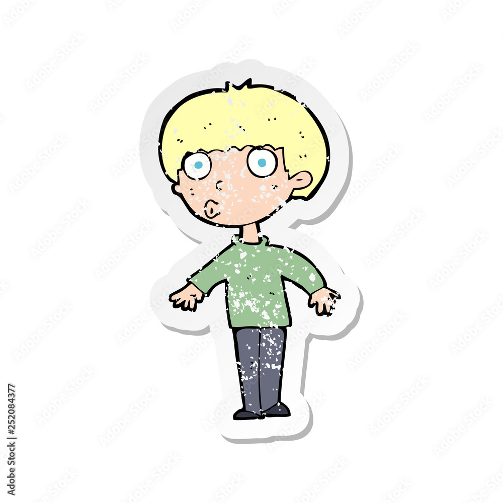 retro distressed sticker of a cartoon surprised boy retro distressed sticker of a cartoon surprised boy