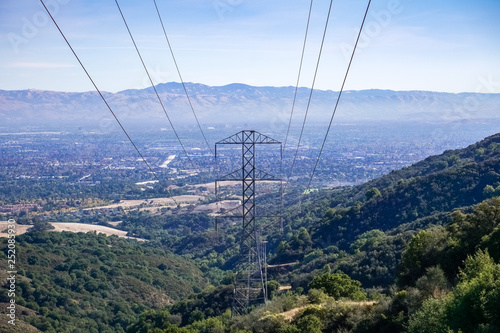 Electricity tower on south San Francisco bay area, San Jose on the background, California