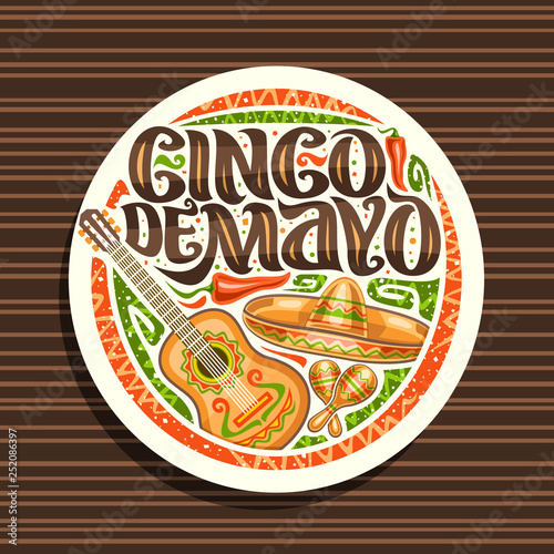 Vector logo for Cinco de Mayo holiday, white icon with ethnic ornament, illustration of mexican sombrero, guitar and maracas, original brush lettering for words cinco de mayo on abstract background.