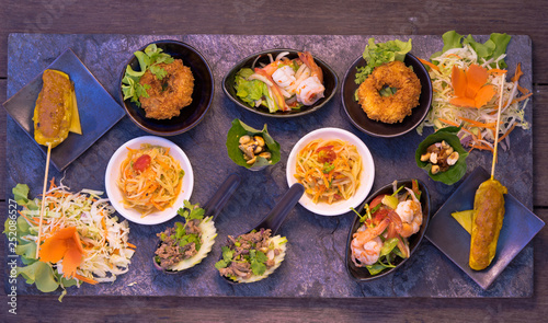 Mixed Traditional Thaifoods on a Stoneplate, Fining Dining, Thailand