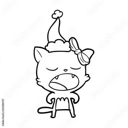 line drawing of a cat meowing wearing santa hat