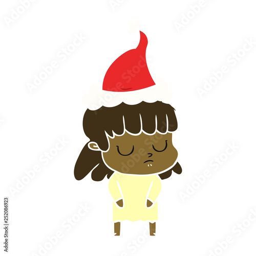 flat color illustration of a indifferent woman wearing santa hat