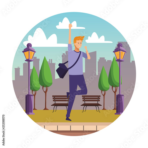 guy bagpack student cheerful park