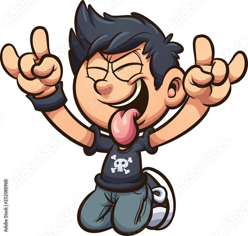 Cartoon kid rocking out on his knees with tongue out