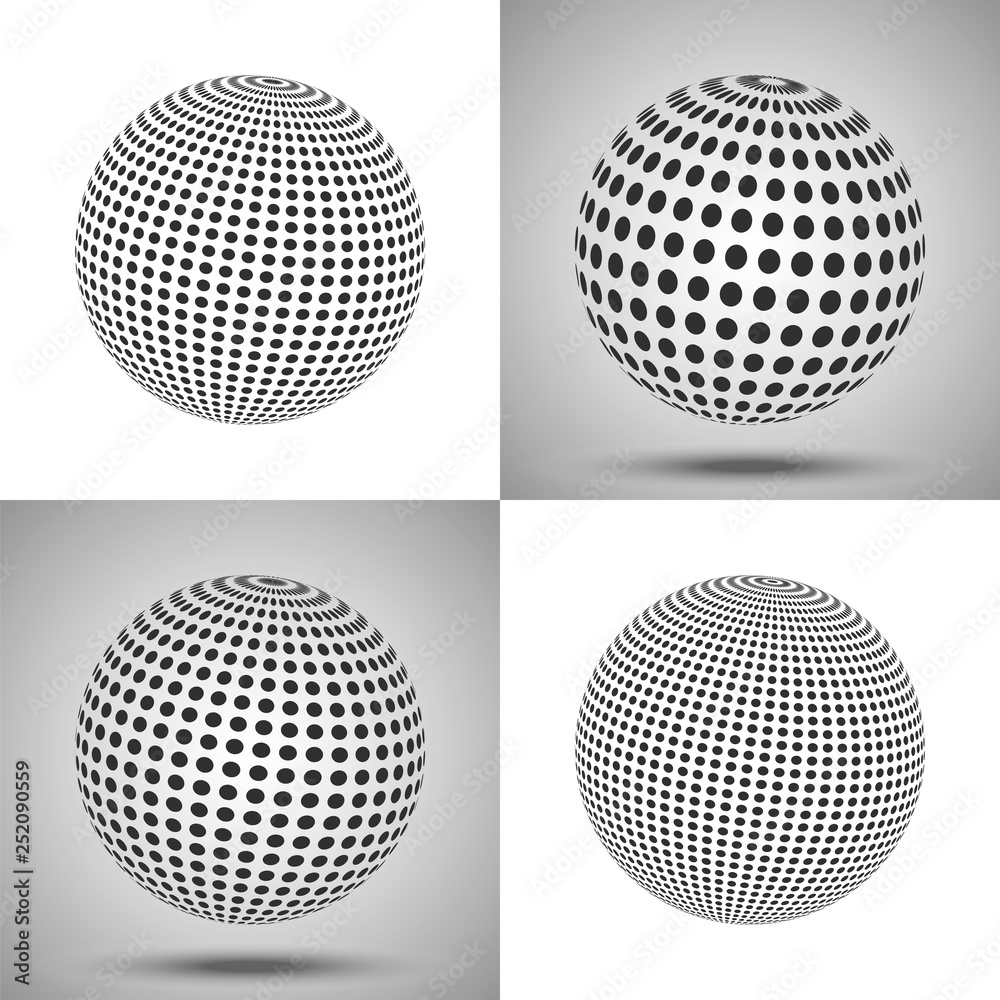 Dotted sphere. Abstract 3D background. Set of vector spheres with different sizes of dots.