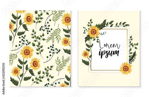 set card with exotic sunflowers and branches leaves